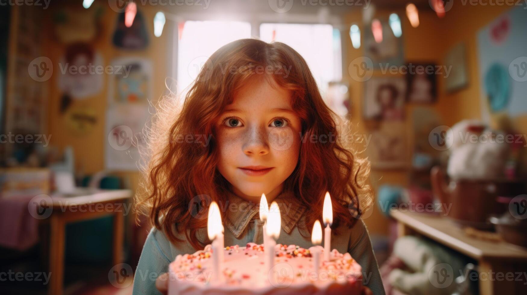 ai generado un pelirrojo joven niña será soplar fuera el velas en el cumpleaños pastel foto