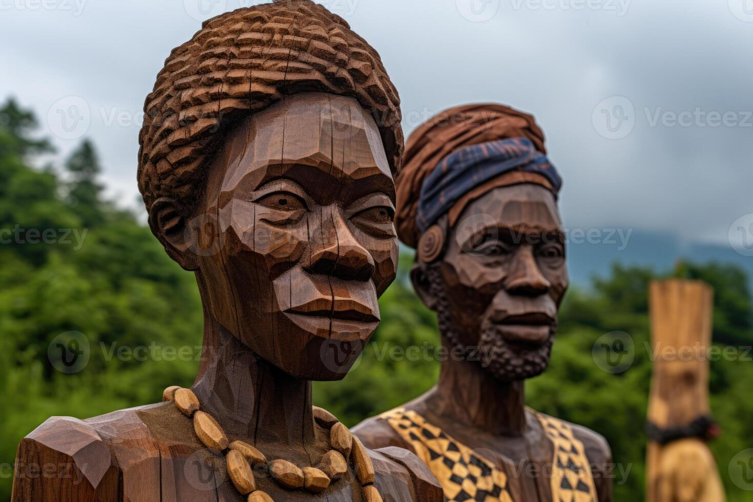 AI generated A portrait made of wood of an African couple - a man and a woman against the background of African nature photo