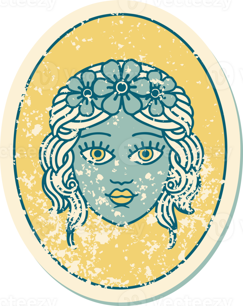 distressed sticker tattoo style icon of a maiden with crown of flowers png