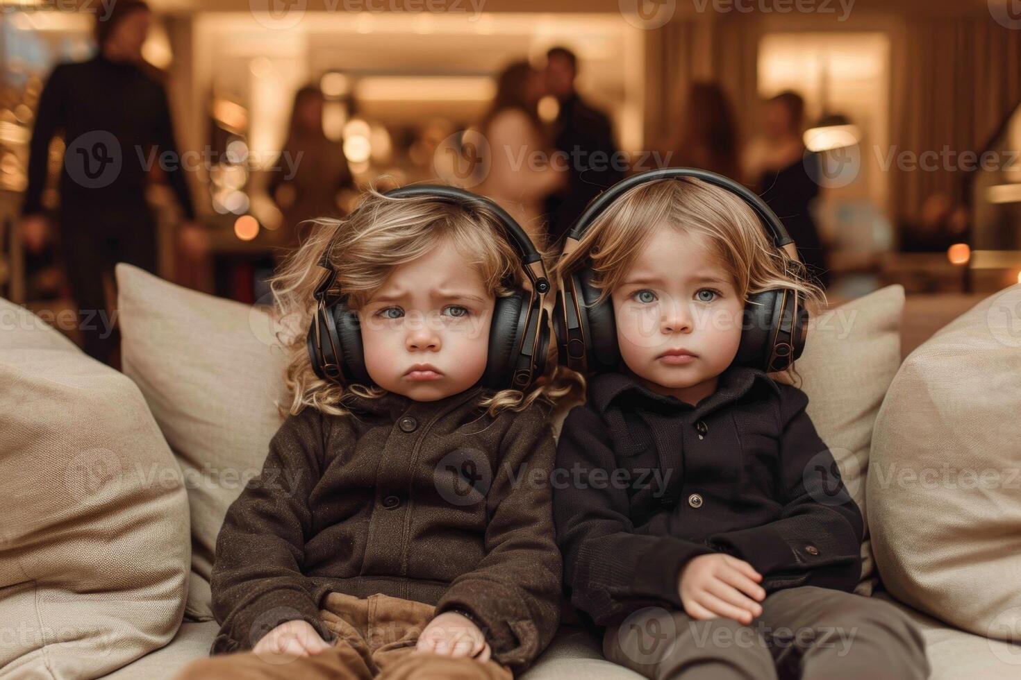 AI generated Two sad children are sitting on the couch with headphones on against the background of their parents' party photo