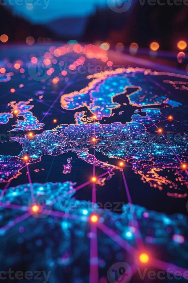 AI generated Macro photography of placemarks over the main capitals of the European continent. A map of Europe in neon light with markers. 3d illustration photo