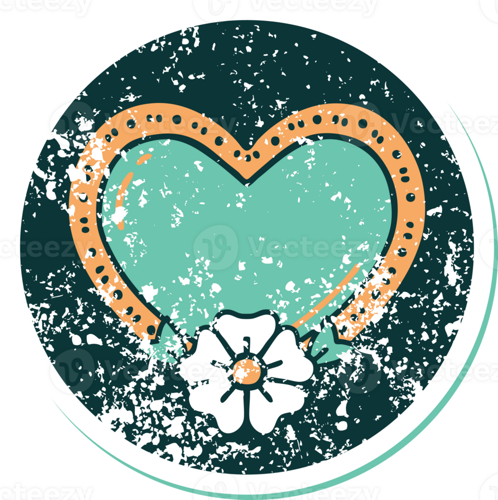 distressed sticker tattoo style icon of a heart and flower png
