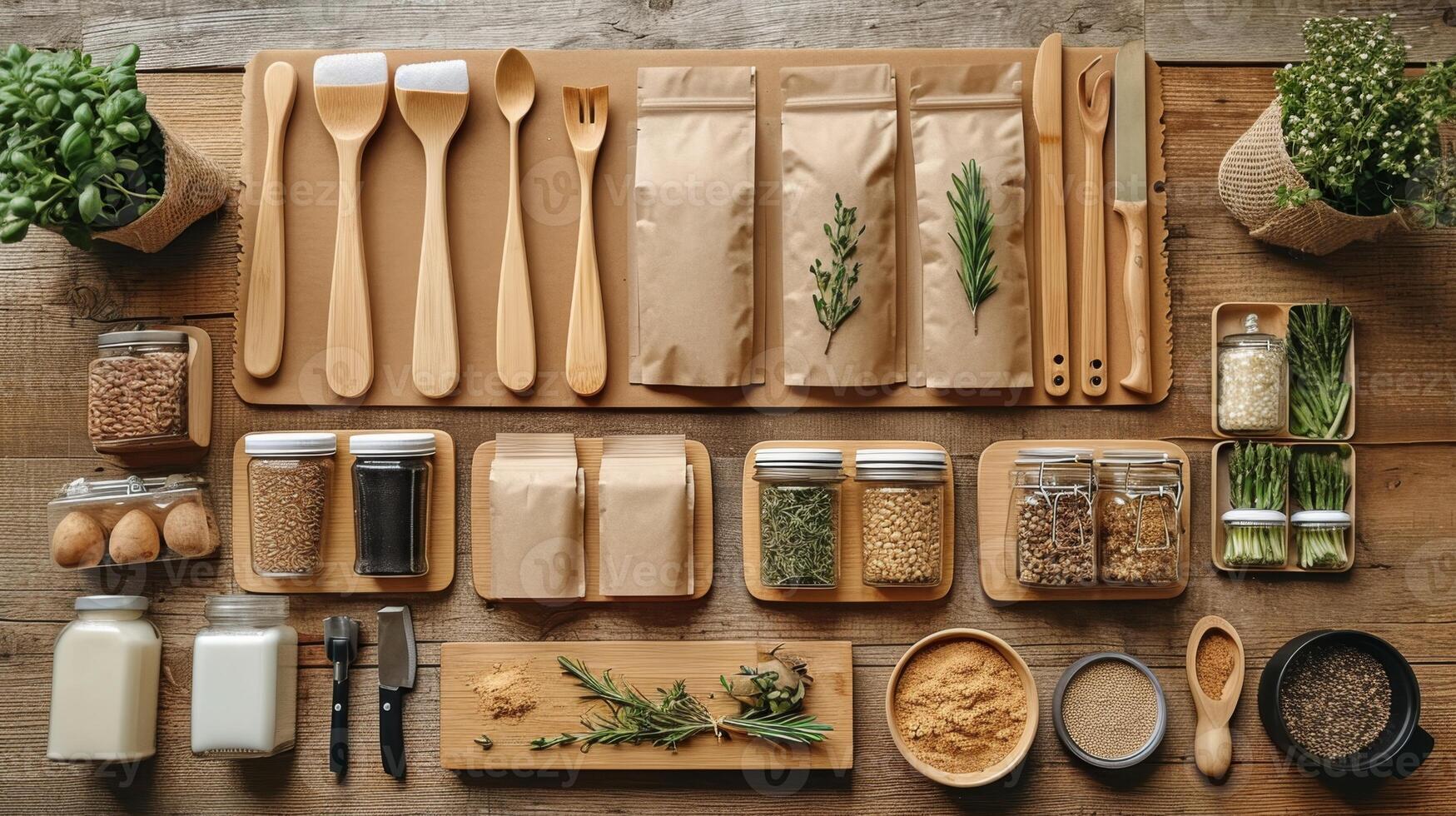 AI generated eco-friendly disposable tableware made of paper and wood on the background. the concept of recycling photo