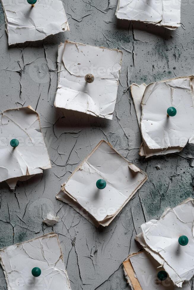 AI generated Blank sheets of paper pressed against the wall with buttons. Place for the inscription photo