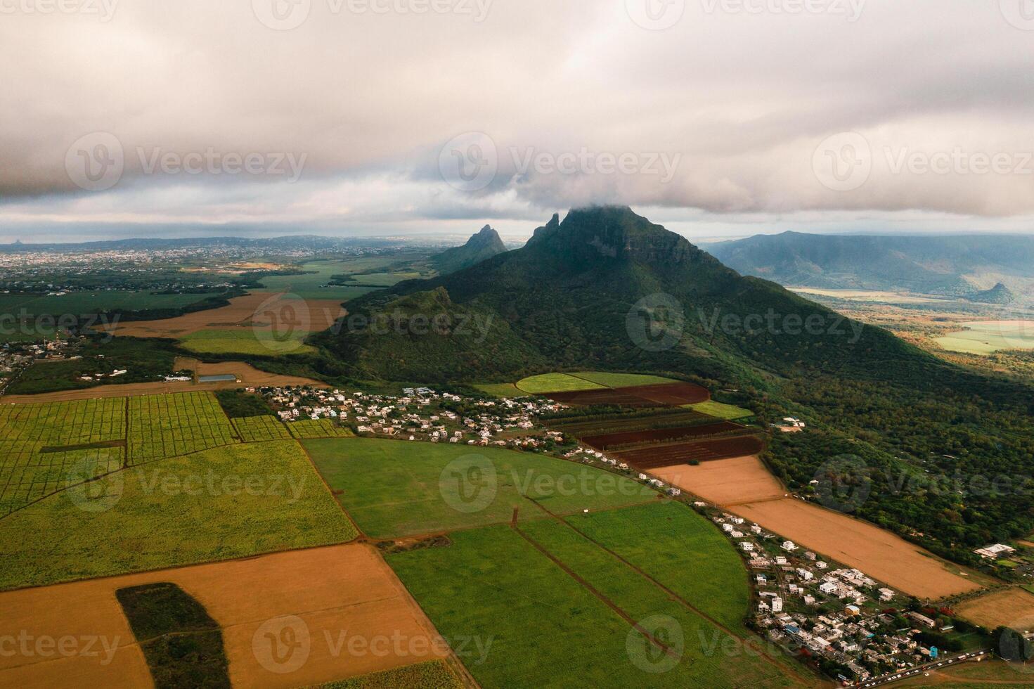 Bird's eye view of beautiful fields Islands of Mauritius and mountains photo