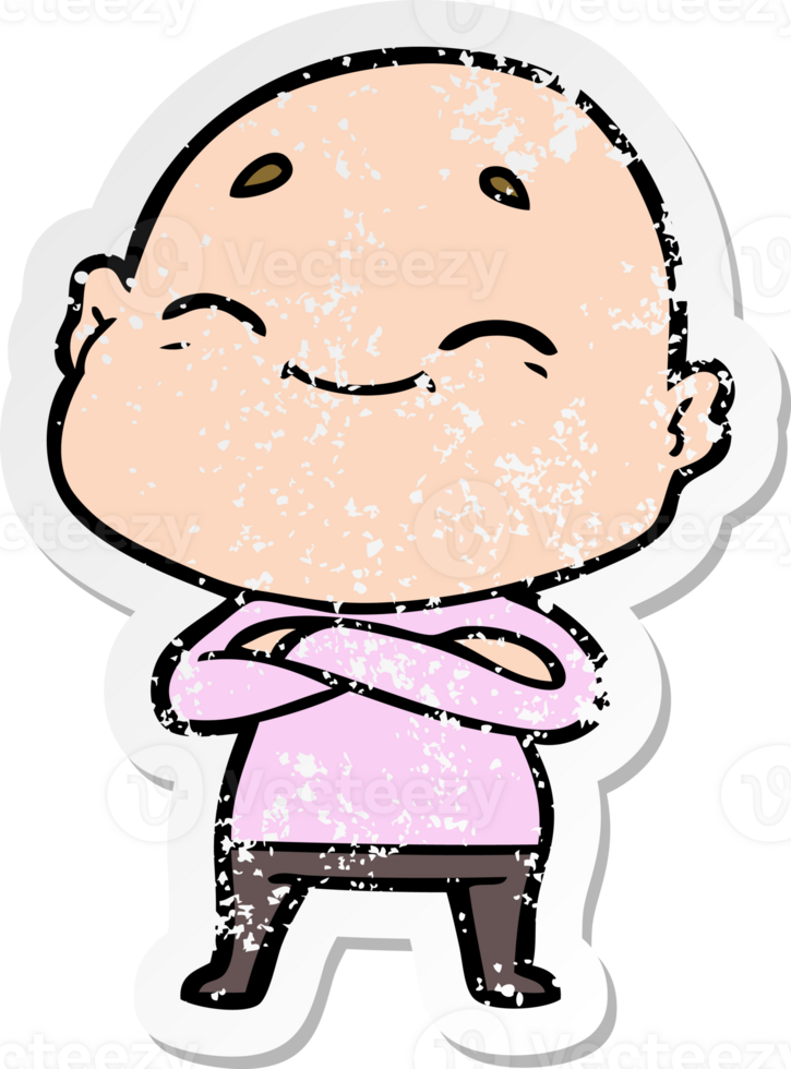 distressed sticker of a happy cartoon bald man png