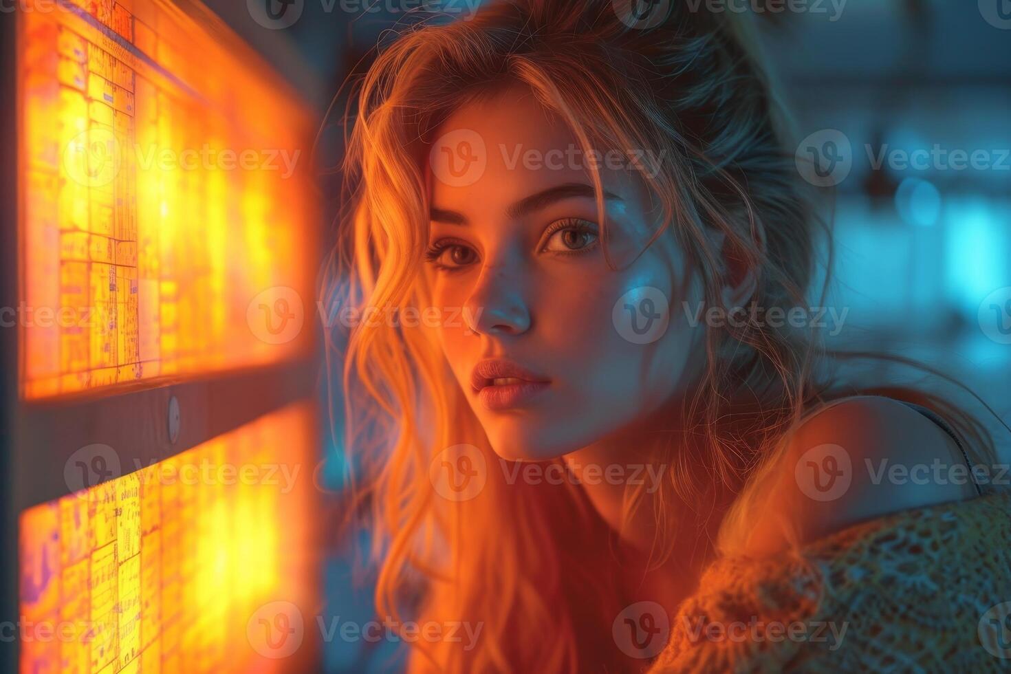 AI generated Portrait of a young girl working at home at a computer. The concept of a freelancer photo