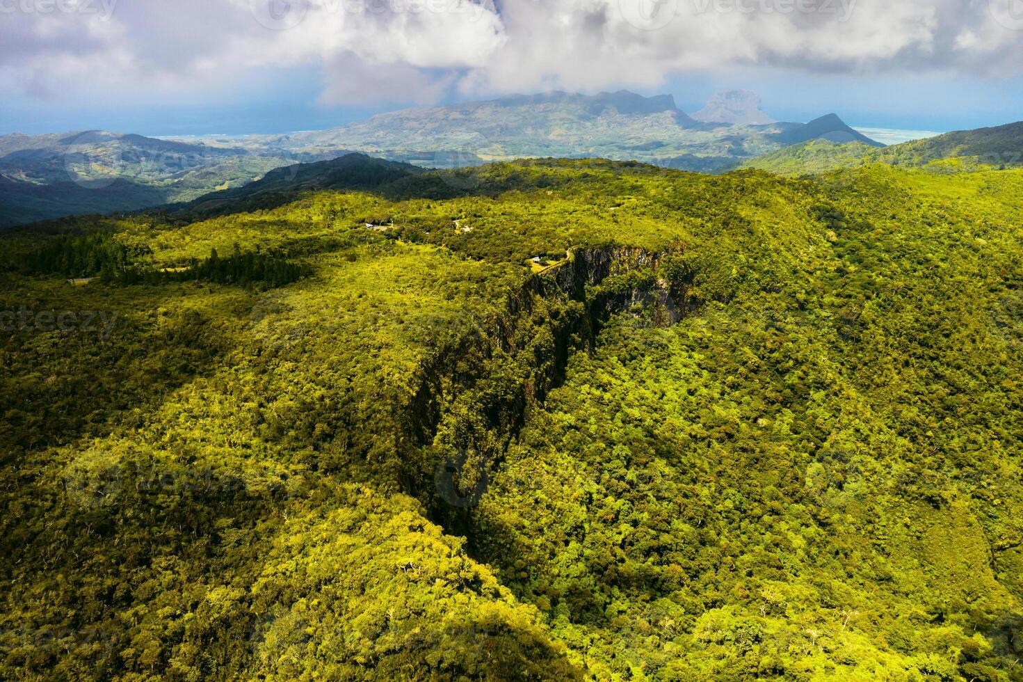 Bird's-eye view of the mountains and fields of the island of Mauritius.Landscapes Of Mauritius. photo