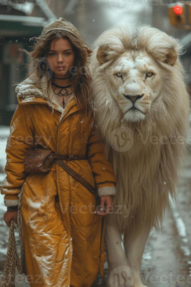 AI generated Beautiful fashionable young woman with a beautiful big lion photo