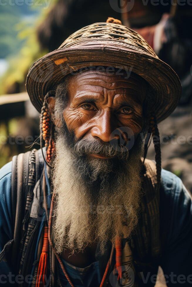 ai generado retrato de un alegre viajero en contra el antecedentes de naturaleza foto