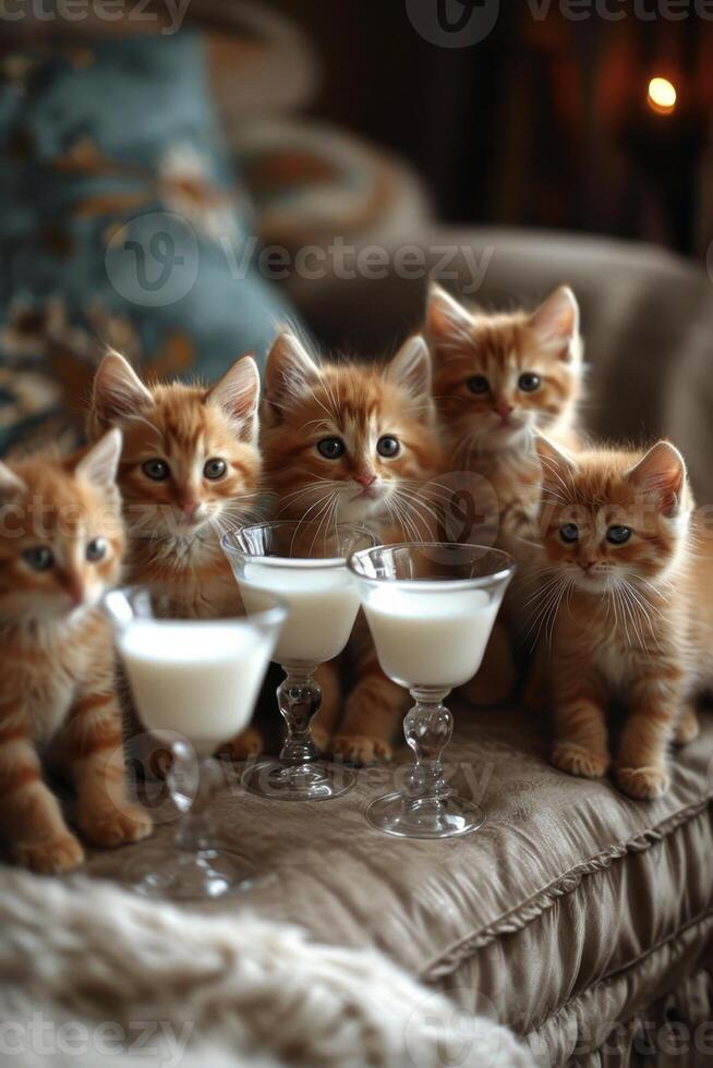 AI generated Red kittens are sitting on the couch with milkshakes photo