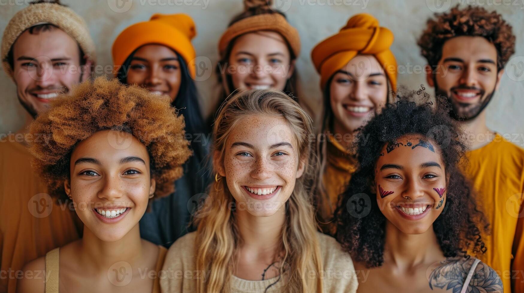 AI generated Portrait of a creative business team standing together and laughing. A group of cheerful people of different nationalities photo