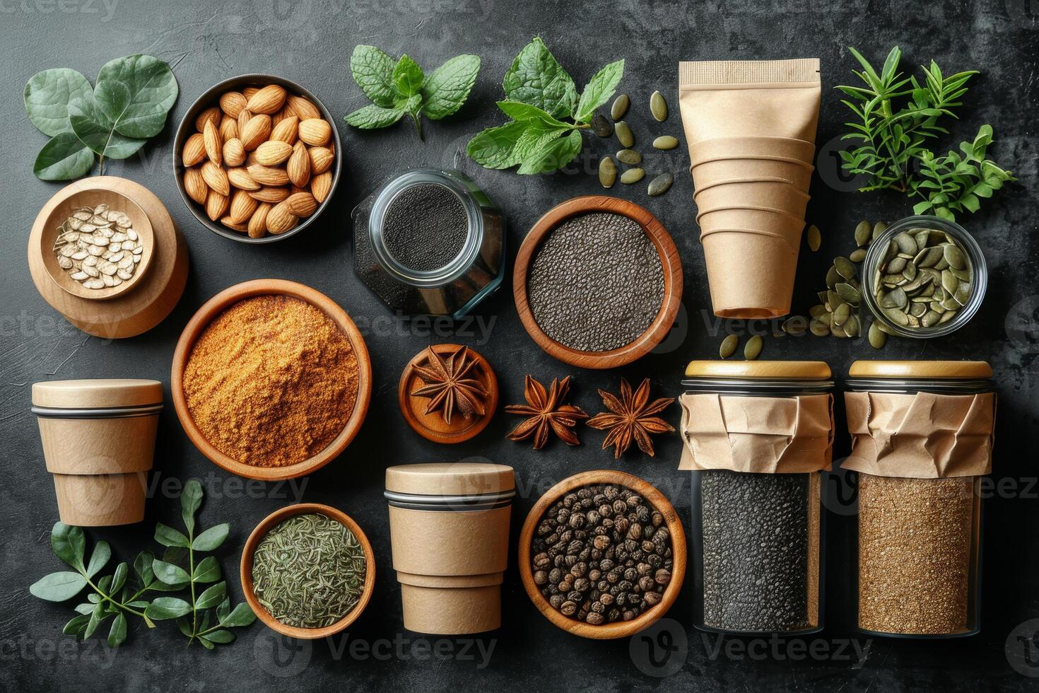 AI generated eco-friendly disposable tableware made of paper and wood with spices on a black background. the concept of recycling photo