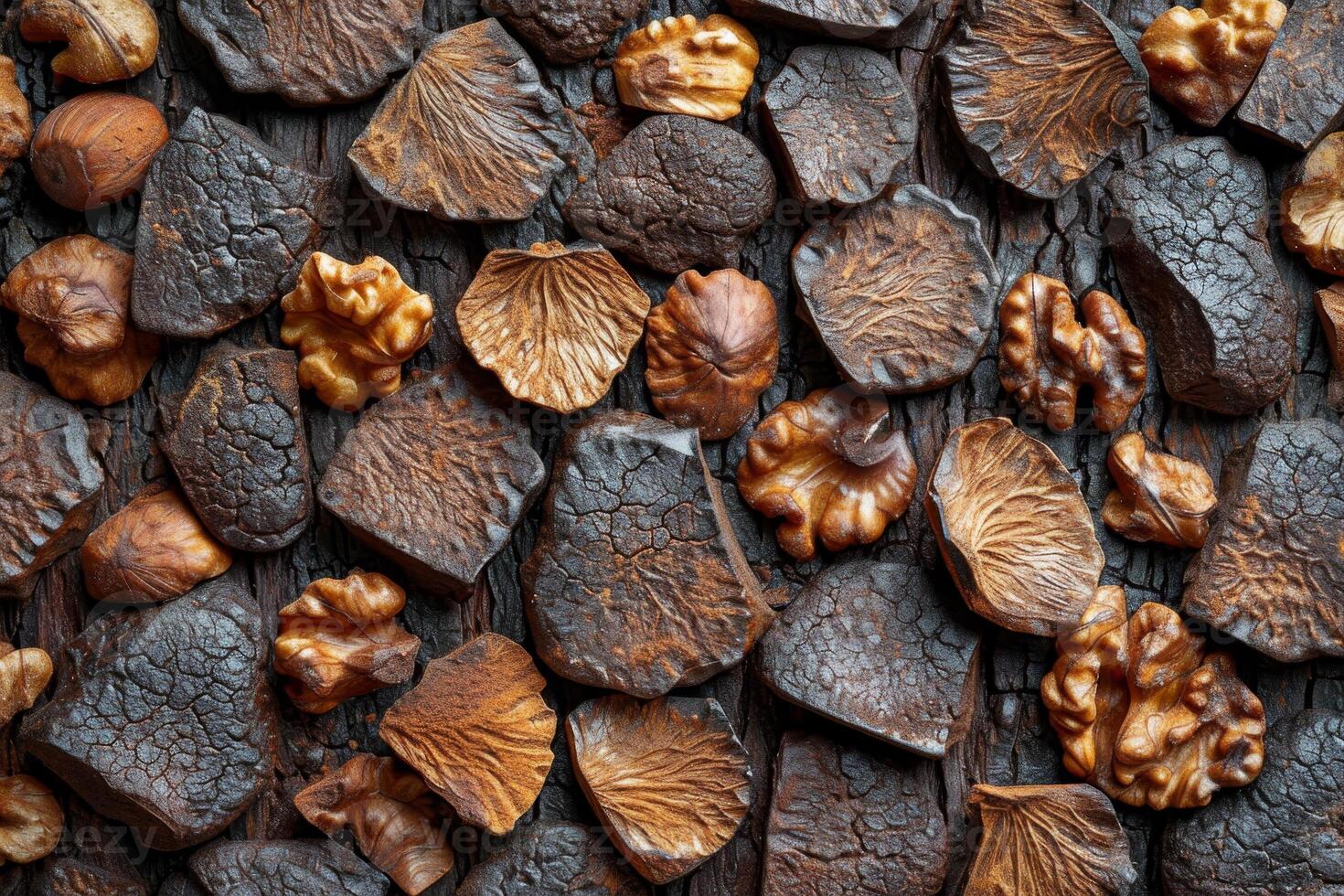 AI generated Walnuts in the shell and without it lie on the surface. Background of fresh walnuts photo