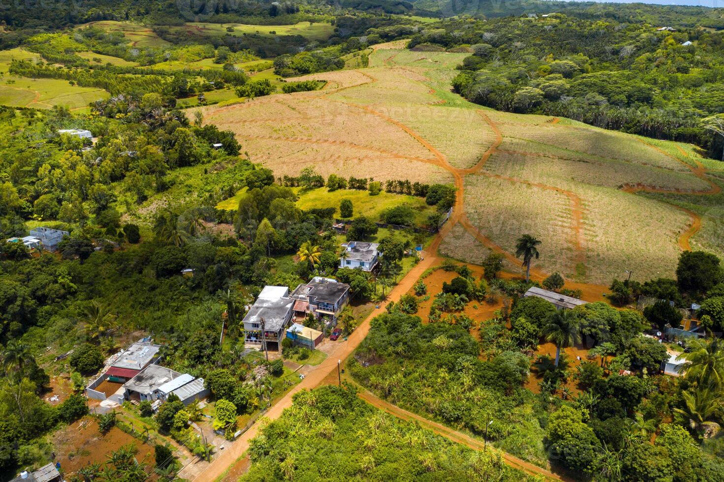 Bird's-eye view of the mountains and fields of the island of Mauritius.Landscapes Of Mauritius. photo