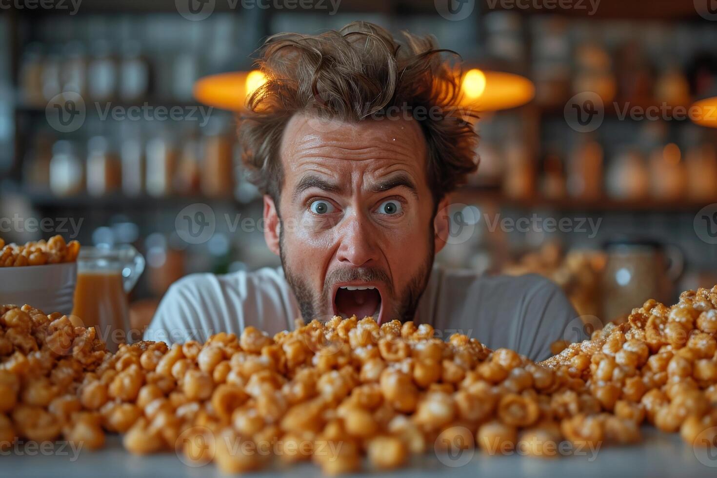 AI generated A screaming Emotional man and a pile of cornflakes in front of him photo