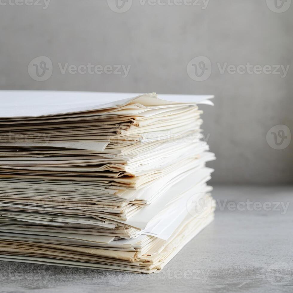 AI generated A stack of sheets of paper on the table, Paper documents stuck on the table. Business concept photo