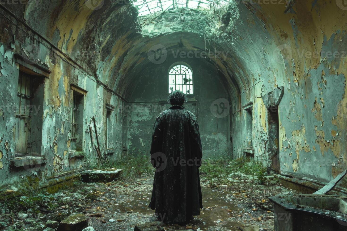 AI generated A man in a coat stands in an abandoned building photo