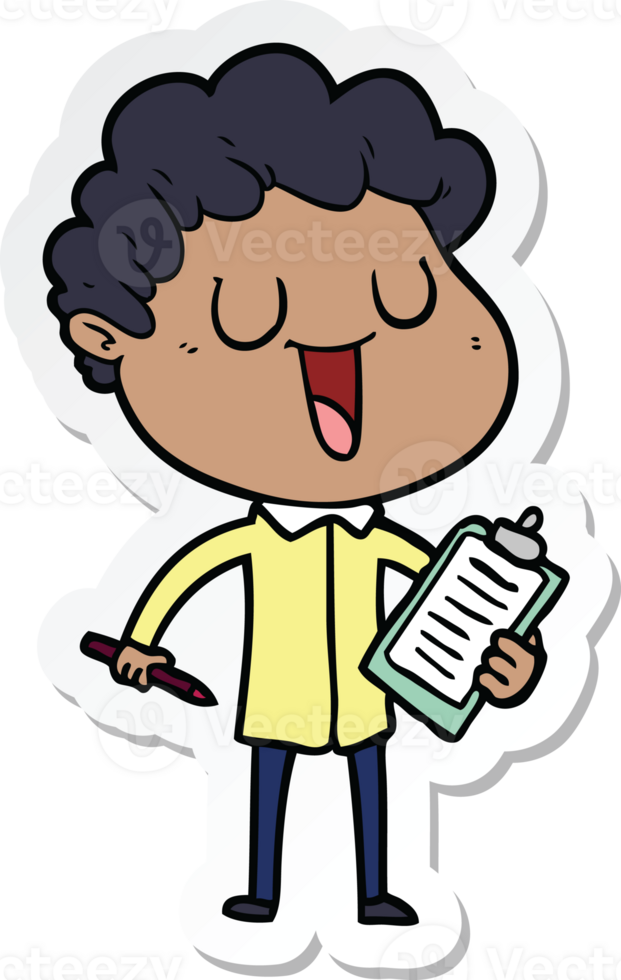 sticker of a laughing cartoon man with clipboard and pen png
