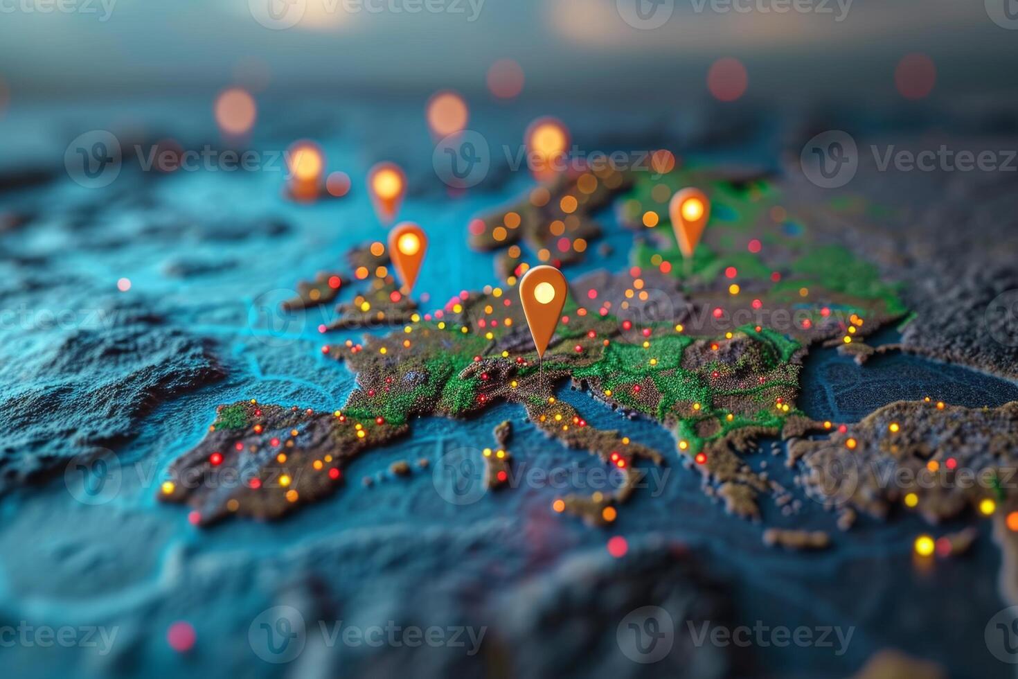 AI generated Macro photography of placemarks over the main capitals of the European continent. A map of Europe in neon light with markers. 3d illustration photo