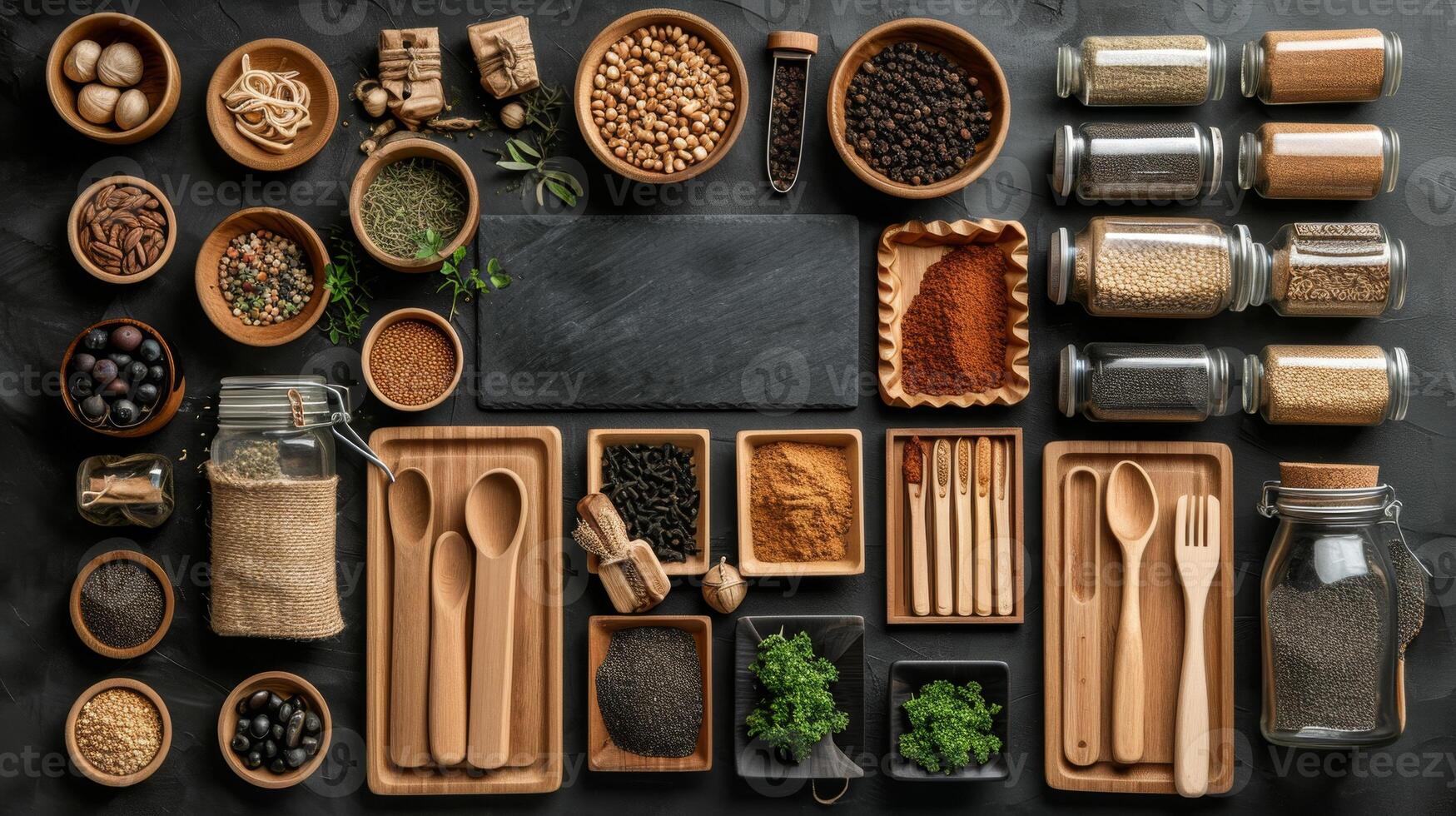 AI generated eco-friendly disposable tableware made of paper and wood with spices on a black background. the concept of recycling photo