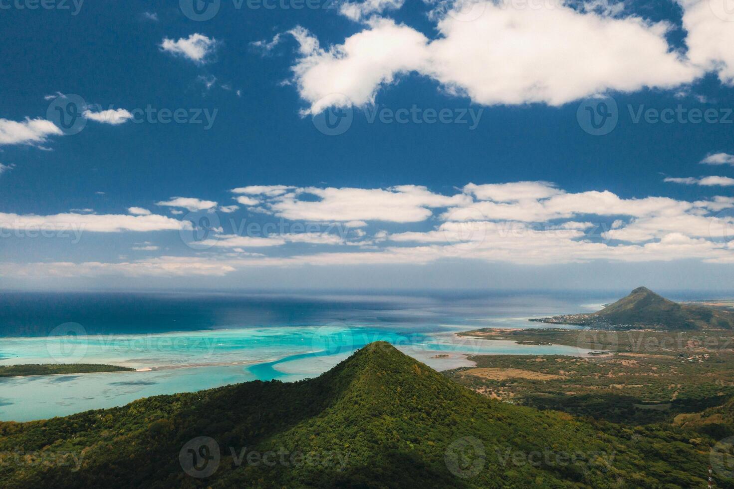 Bird's-eye view of the mountains and fields of the island of Mauritius.Landscapes Of Mauritius. photo