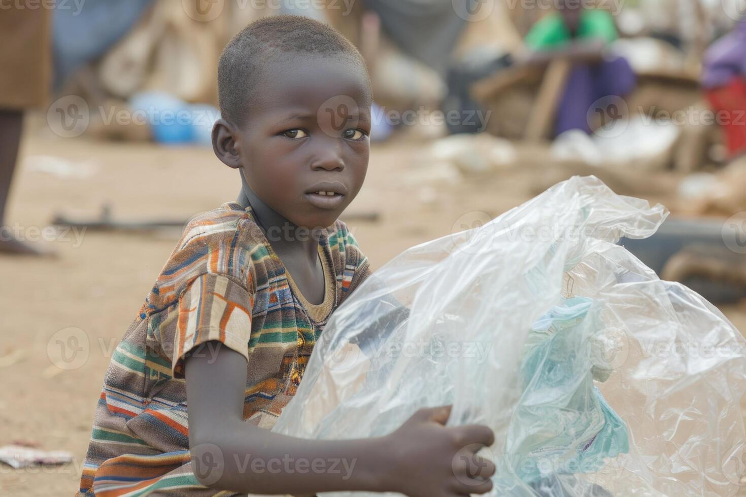 AI generated Tired little African boy collects garbage on the street photo