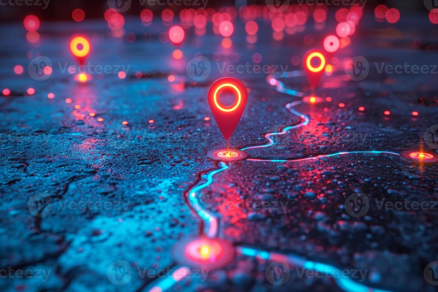 AI generated Macro photography of placemarks over the main capitals of the European continent. A map of Europe in neon light with markers. 3d illustration photo