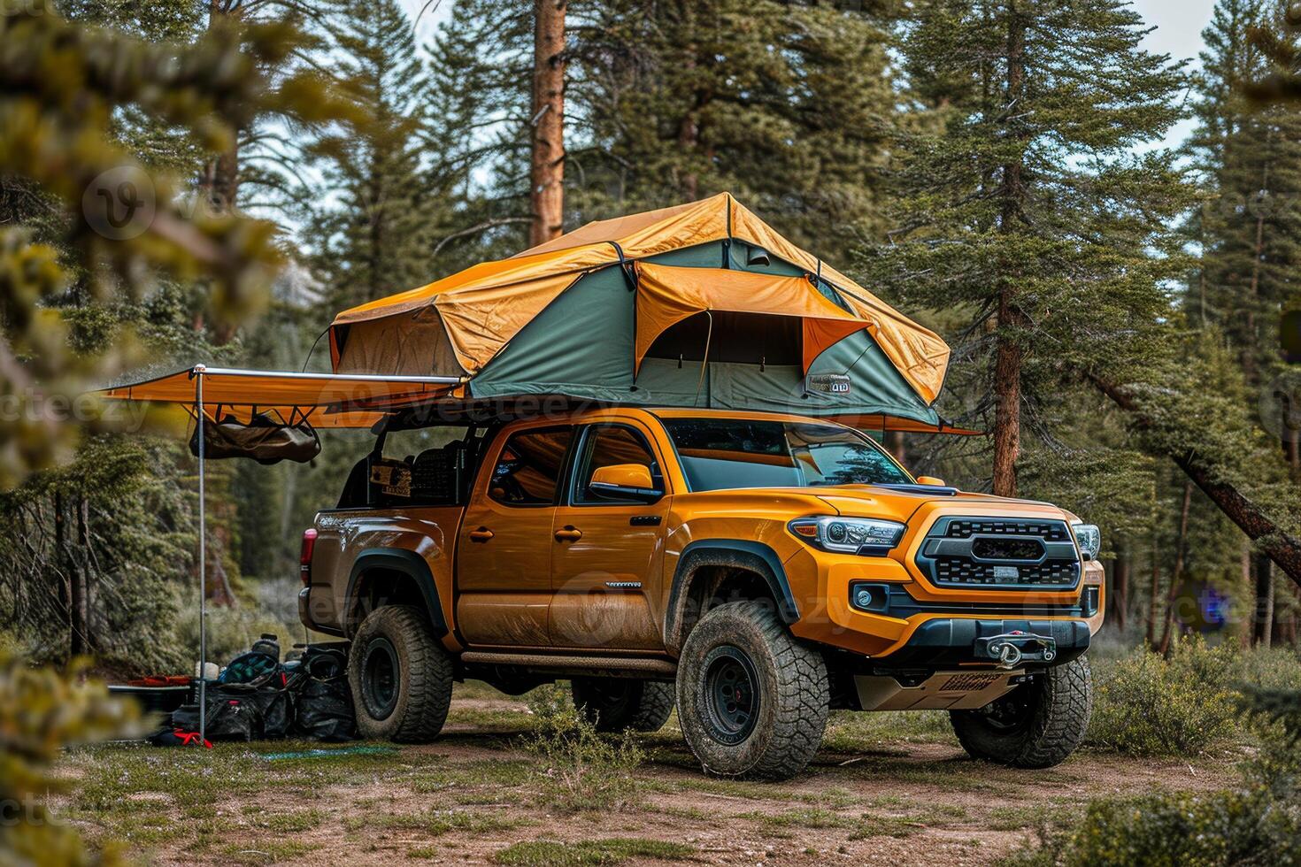 AI generated An SUV with a tent on the roof in the wild. Traveling by car photo