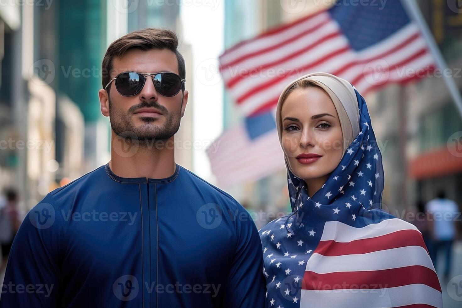 AI generated Portrait of a man and a woman patriots of their country against the background of a city street photo