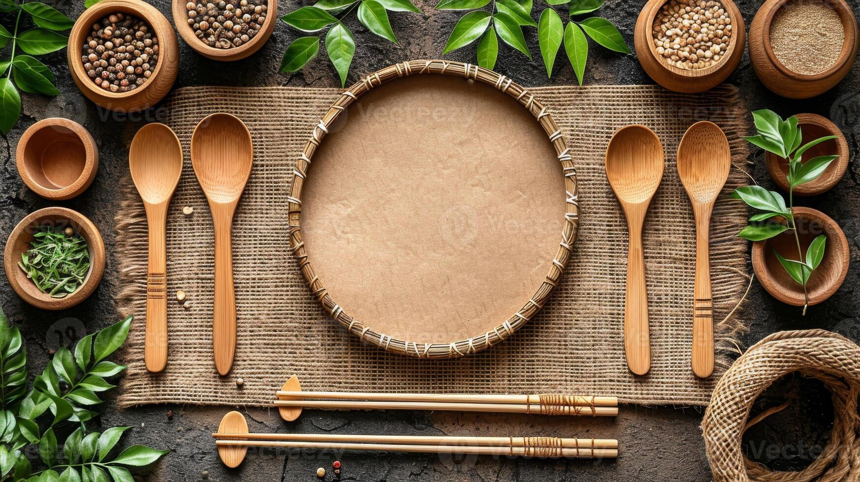 AI generated eco-friendly disposable tableware made of paper and wood on the background. the concept of recycling photo