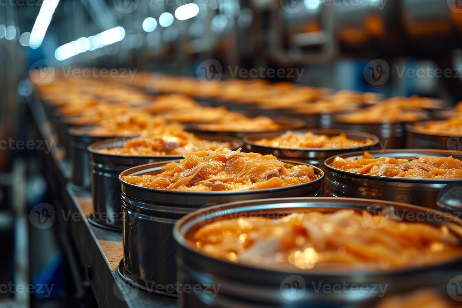 AI generated Production of canned fish. Tin cans of fish on the conveyor photo