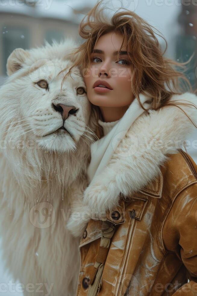 AI generated Beautiful fashionable young woman with a beautiful big lion photo