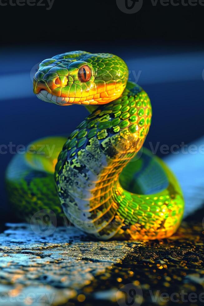 AI generated A snake crawls across a pedestrian crossing on the street photo