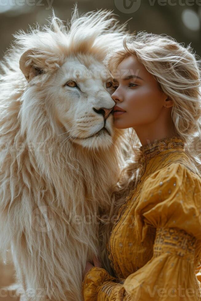 AI generated Beautiful fashionable young woman with a beautiful big lion photo