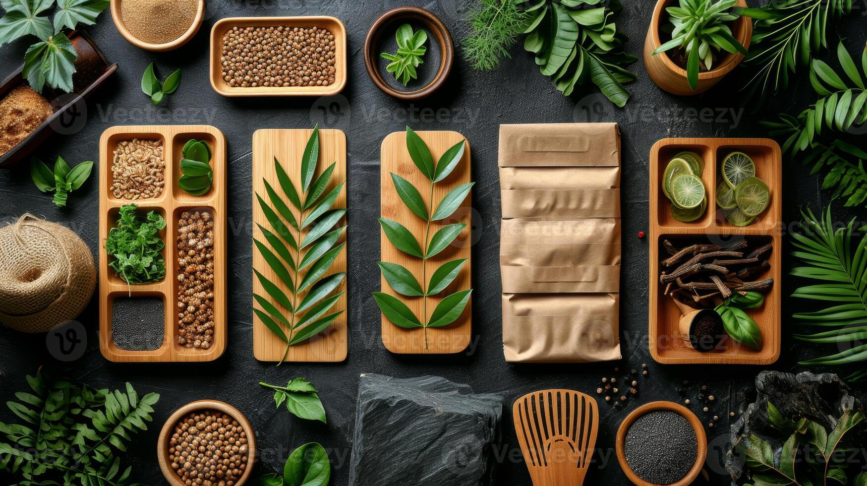 AI generated eco-friendly disposable tableware made of paper and wood with spices on a black background. the concept of recycling photo