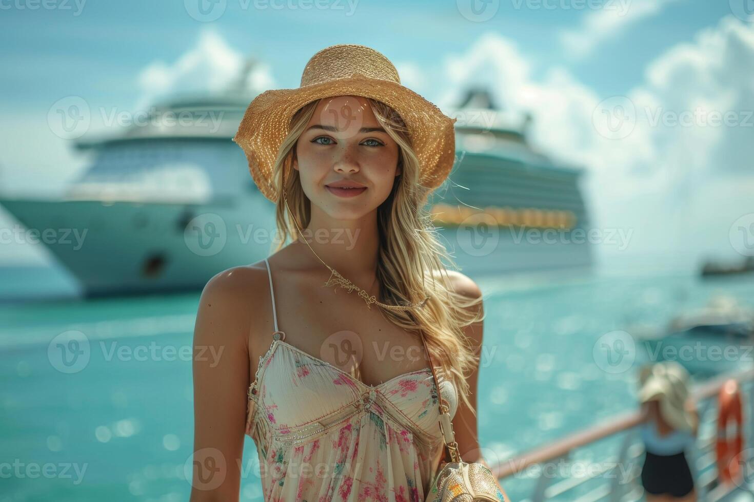 AI generated A girl in a hat standing in front of a large cruise ship. Sea voyage photo