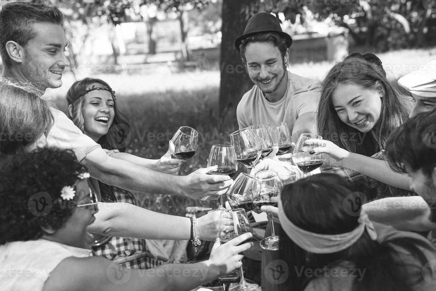 Group of people cheering and to with red glasses of wine - Happy young friends enjoying picnic bbq in a park with food e drink - Concept of youth lifestyle - Black and white edit photo