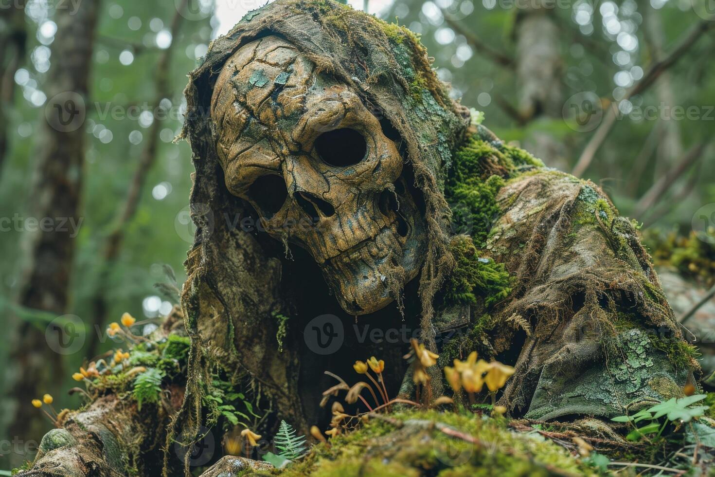 AI generated Artistic composition of a human skull on the ground in the forest photo