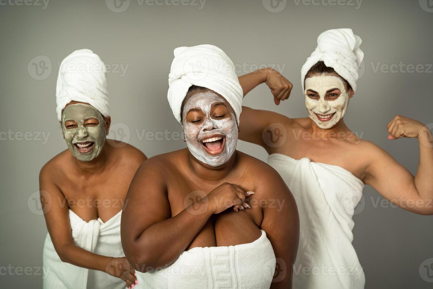 Happy females with different age and body size having skin care spa day - People selfcare concept photo