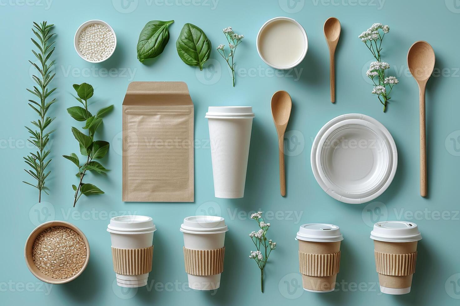 AI generated eco-friendly disposable tableware made of paper and wood on a blue background. the concept of recycling photo