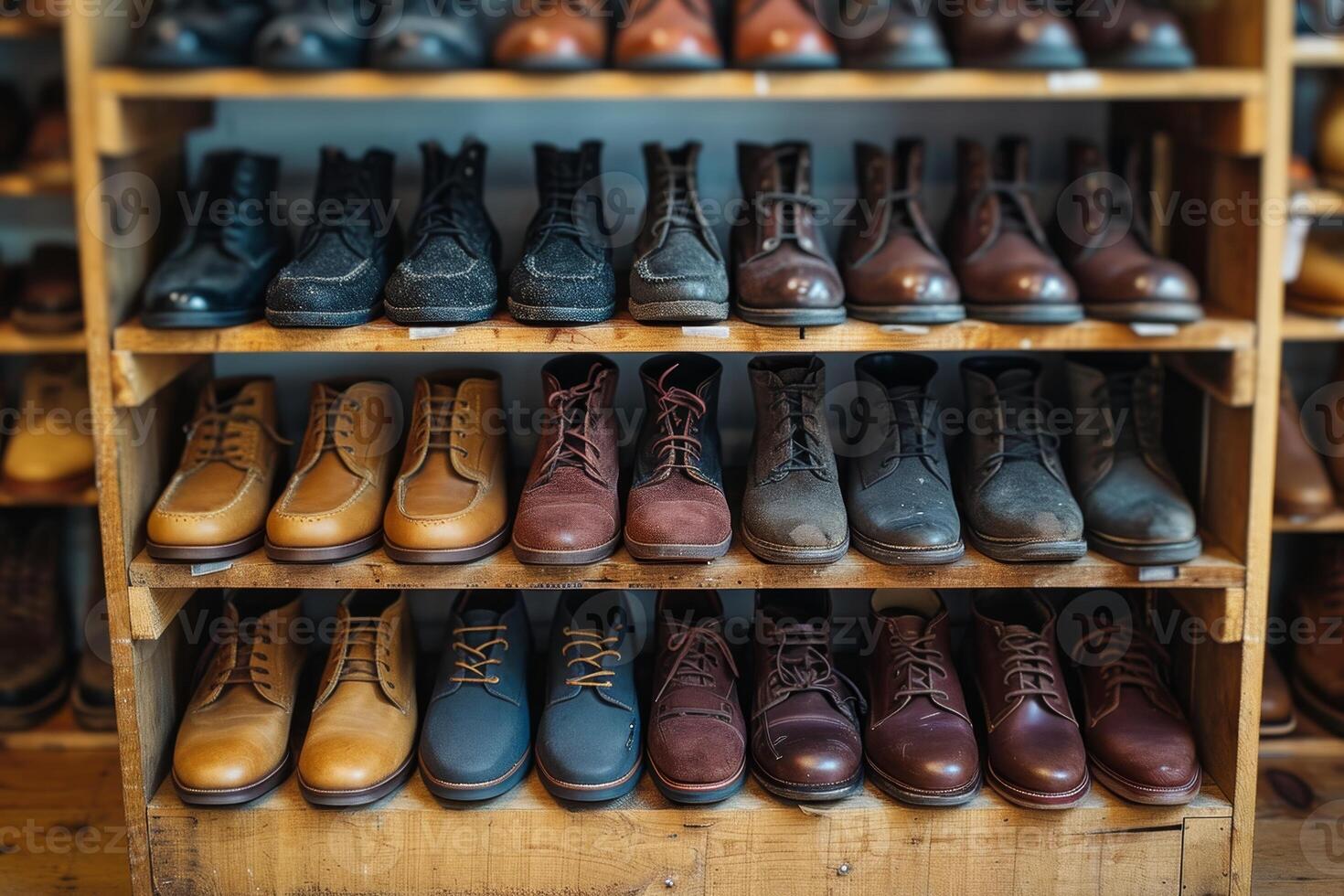 AI generated A wall with shoes inside the store. There are many different shoes on the shelves photo