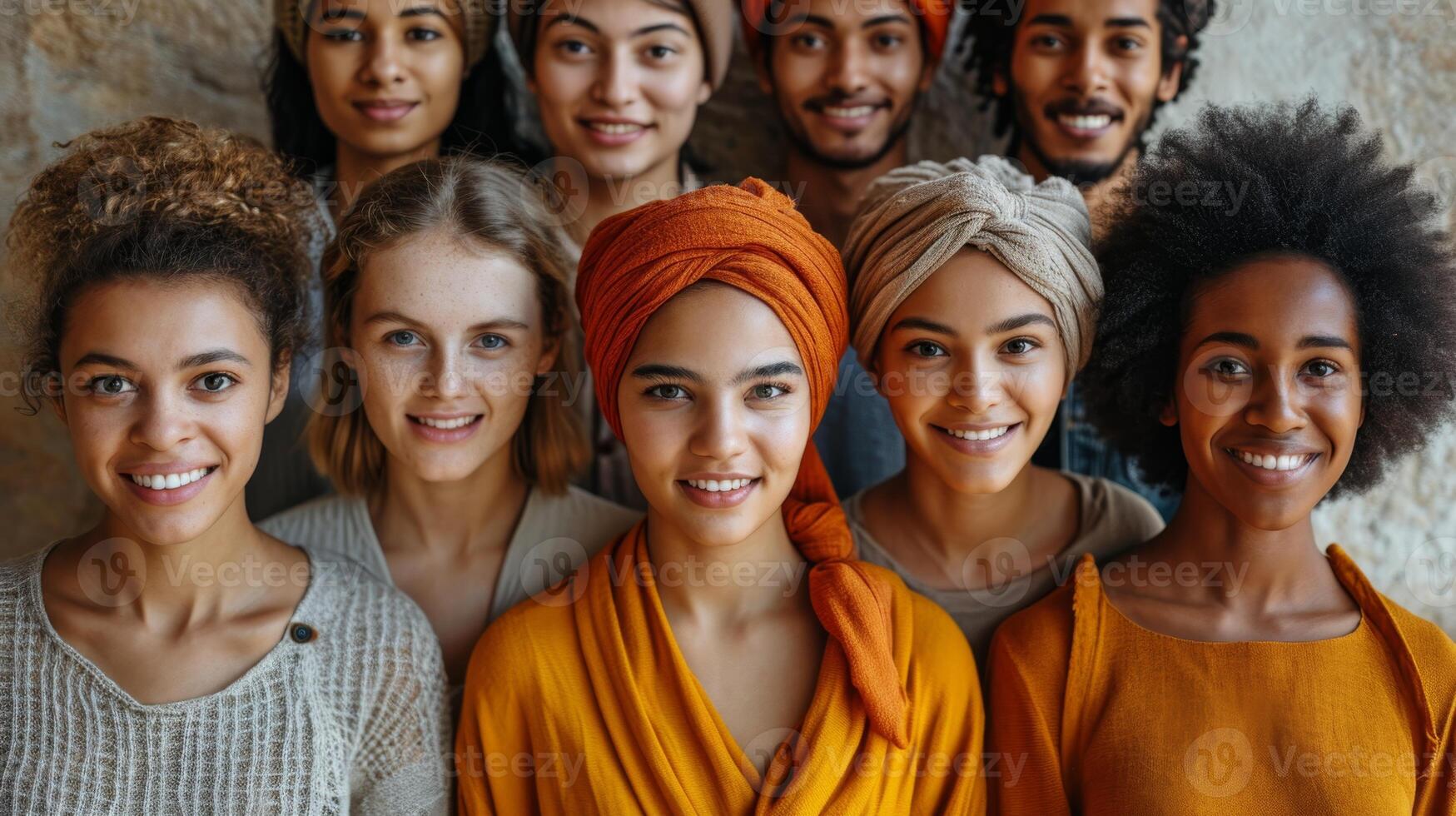 AI generated Portrait of a creative business team standing together and laughing. A group of cheerful people of different nationalities photo