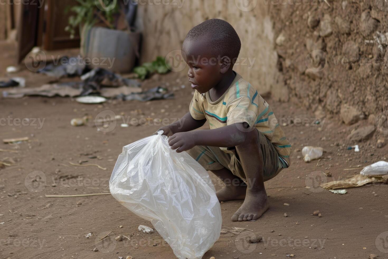 AI generated Tired little African boy collects garbage on the street photo