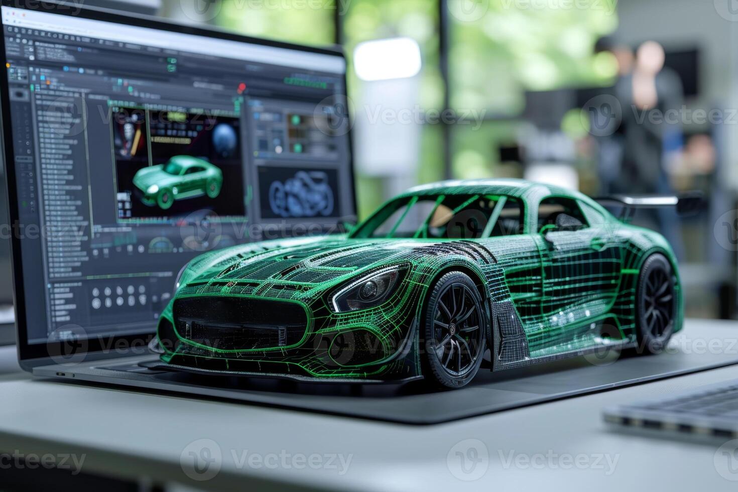 AI generated A mock-up of a modern sports car on the background of a car designer's laptop photo
