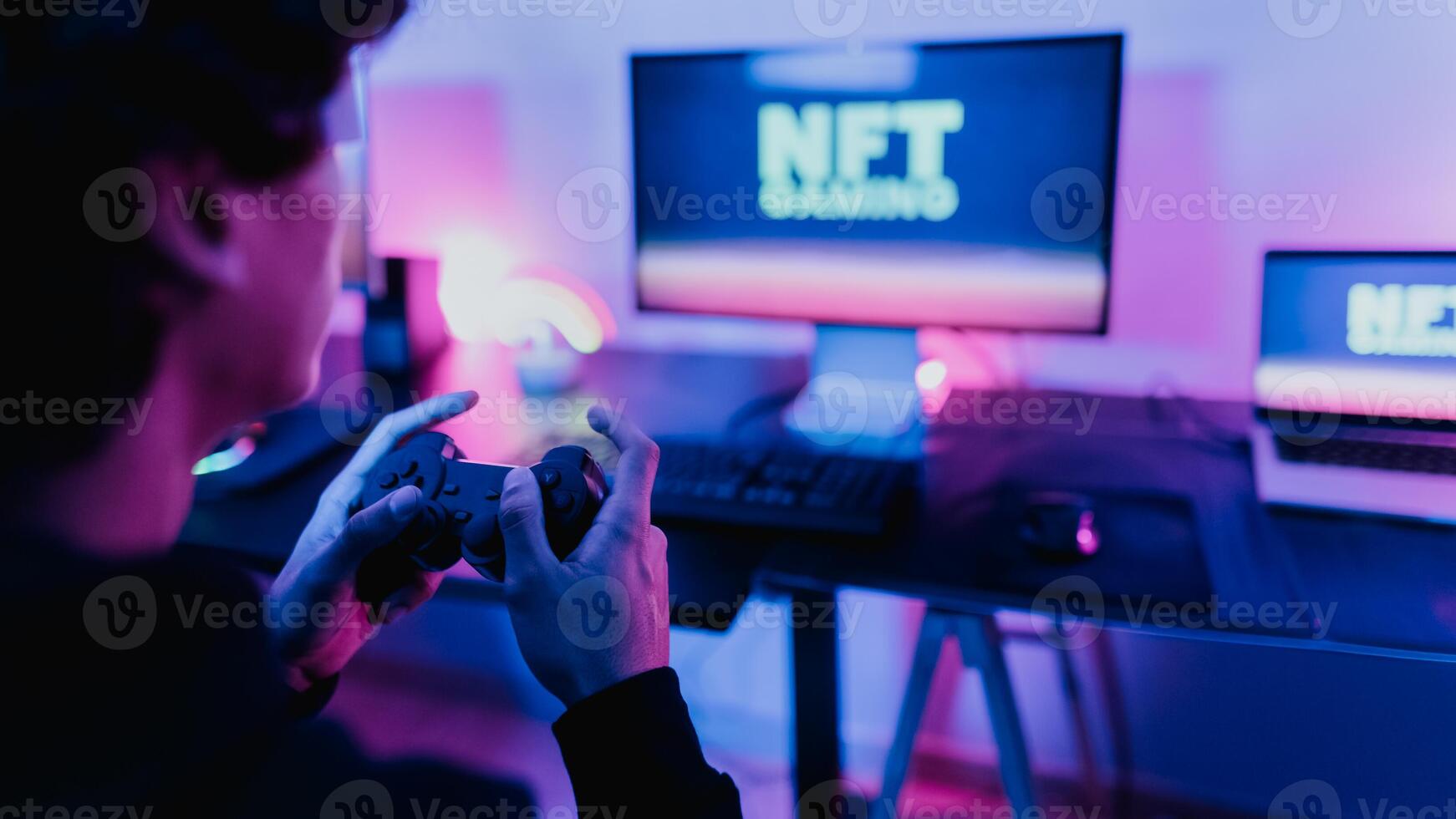 Young gamer having fun playing on decentralized NFT gaming blockchain platform with virtual reality glasses at home - Gaming entertainment and technology concept photo