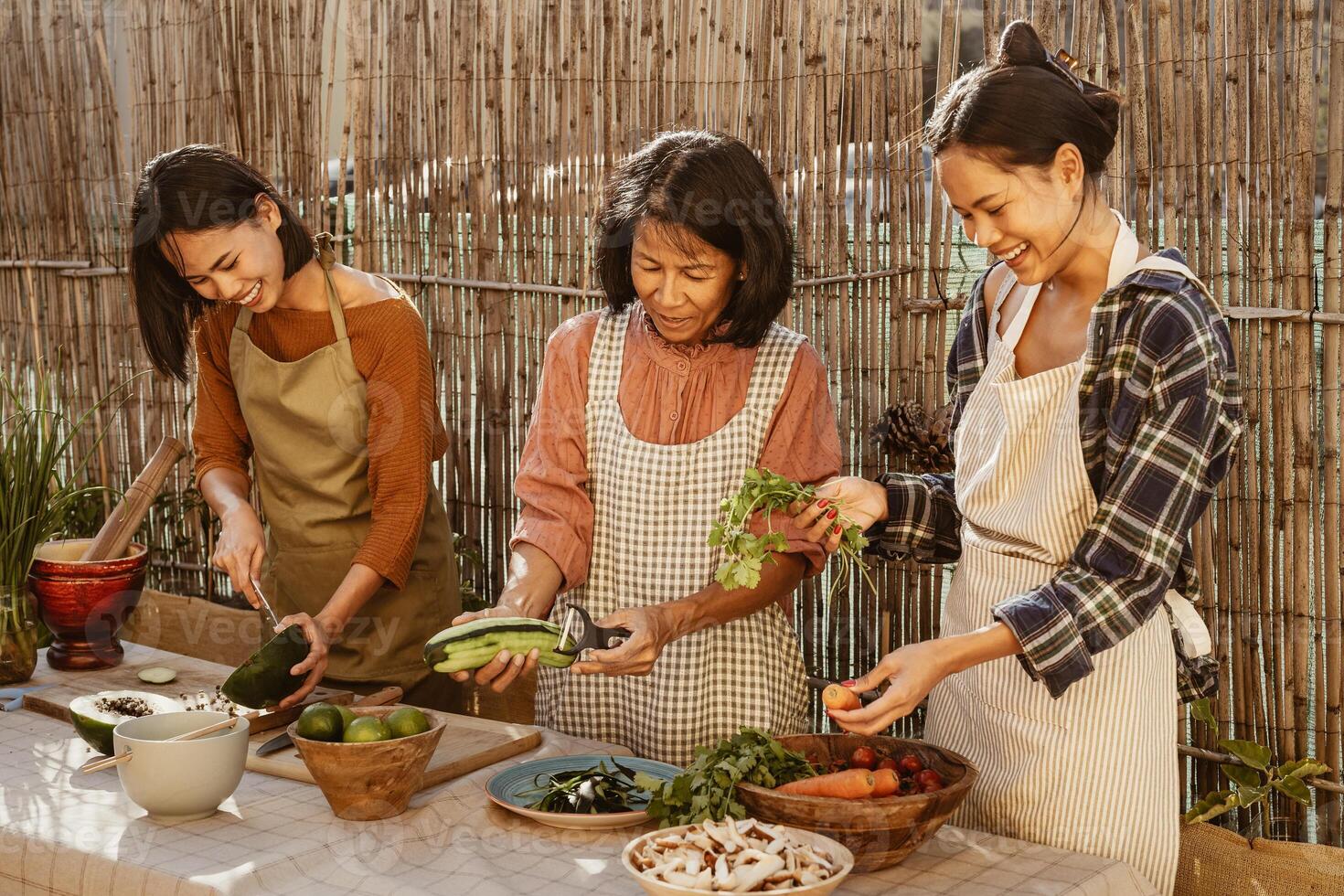 contento Sureste asiático familia teniendo divertido preparando tailandés comida receta juntos a casa patio foto