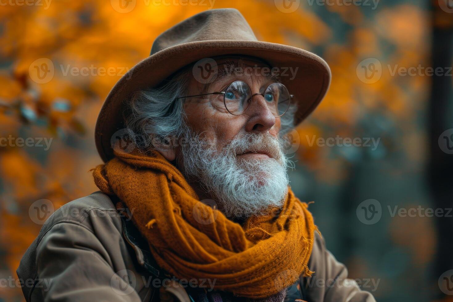 AI generated Portrait of an elderly man in close-up in an autumn park photo