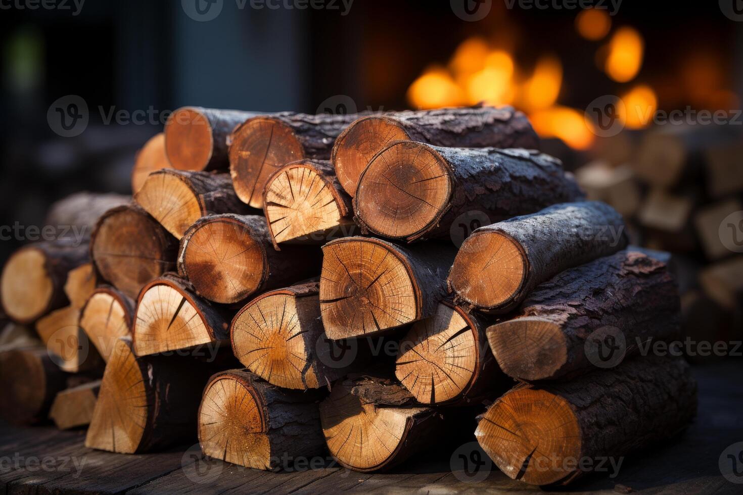 AI generated The chopped logs are in a stack. A wall of firewood, a background of dry chopped firewood photo