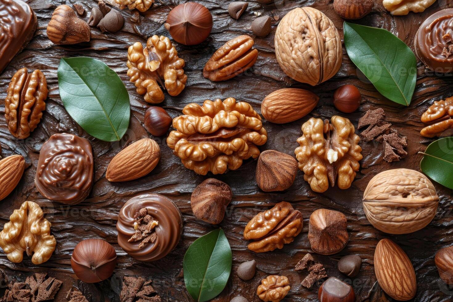 AI generated Walnuts in the shell and without it lie on the surface. Background of fresh walnuts photo